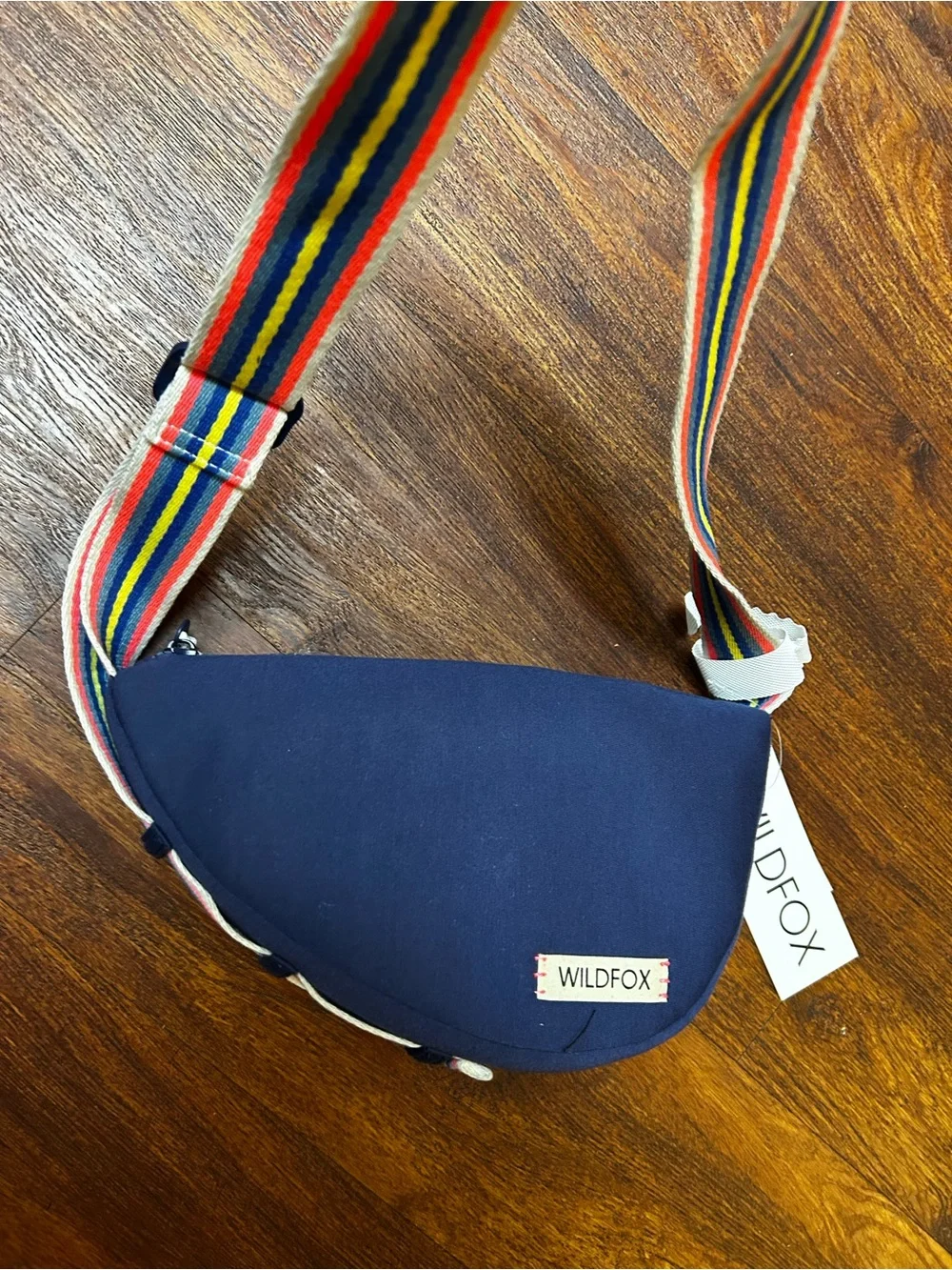 Wildfox Navy Heart Crossbody Bag with Multicolor Stripe Strap